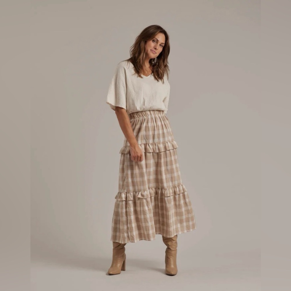 Rylee + Cru Cream and Tan Plaid Skirt